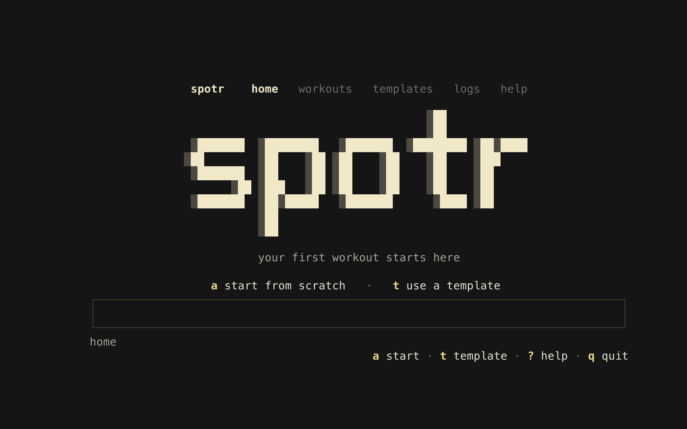 The spotr terminal app home screen, showing navigation, the spotr wordmark, and keyboard shortcuts
